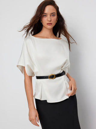 Satin Batwing Sleeve Top & Mid Rise Mermaid Skirt Set with Belt