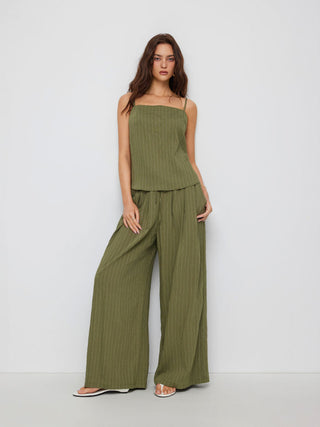 Stripe Square Neck Tank Top & Drawstring Wide Leg Trousers Set