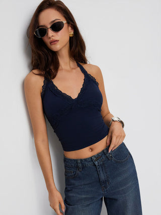 Cotton-blend Halter Neck Lace Trim Slim Cami Top