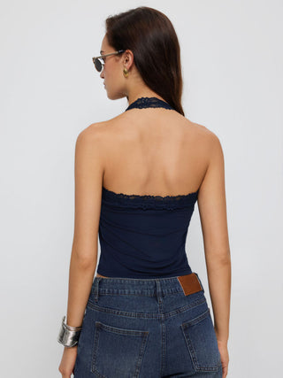 Cotton-blend Halter Neck Lace Trim Slim Cami Top