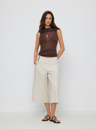 Linen-blend Linen-blend Low Rise Stripe Wide Leg Capris For Daily Casual