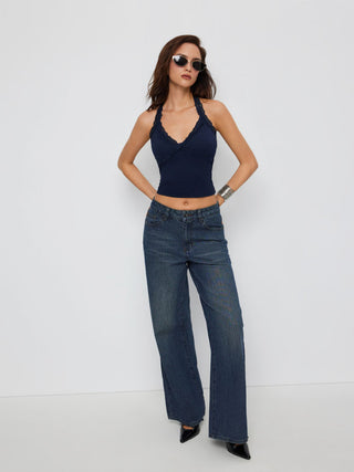 Cotton-blend Halter Neck Lace Trim Slim Cami Top