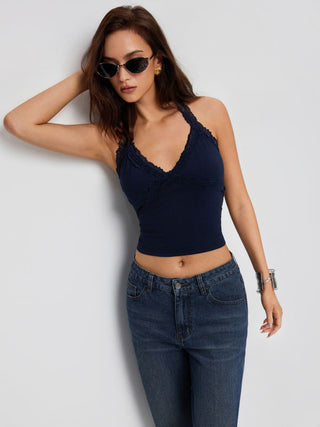 Cotton-blend Halter Neck Lace Trim Slim Cami Top