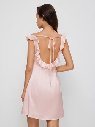 Satin Ruffle V-neck Backless A-line Mini Dress