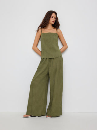 Stripe Square Neck Tank Top & Drawstring Wide Leg Trousers Set