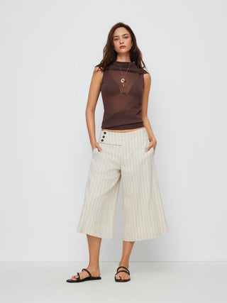 Linen-blend Linen-blend Low Rise Stripe Wide Leg Capris For Daily Casual