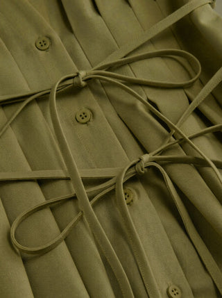 Linen-blend V-neck Pleated Knotted A-line Maxi Dress