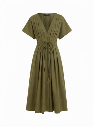 Linen-blend V-neck Pleated Knotted A-line Maxi Dress