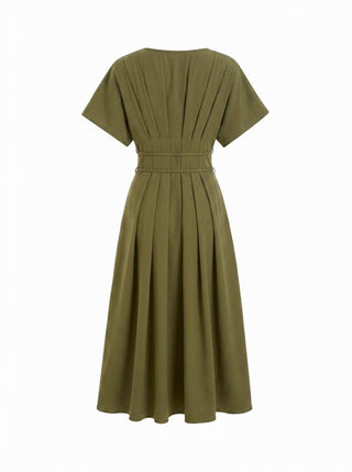 Linen-blend V-neck Pleated Knotted A-line Maxi Dress