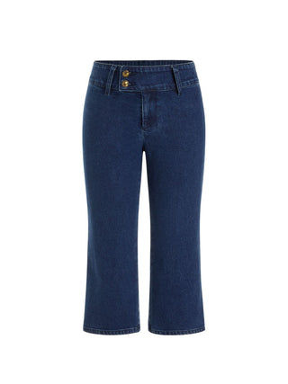 Stretch Denim Washed Mid Rise Metal Detail Flared Capri Jeans