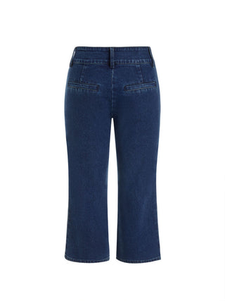 Stretch Denim Washed Mid Rise Metal Detail Flared Capri Jeans