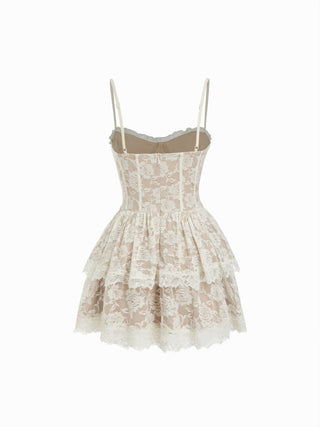 Lace Textured Sculptural Sweetheart Neck Layered Bowknot Tiered Mini Dress
