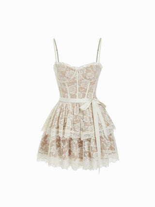 Lace Textured Sculptural Sweetheart Neck Layered Bowknot Tiered Mini Dress