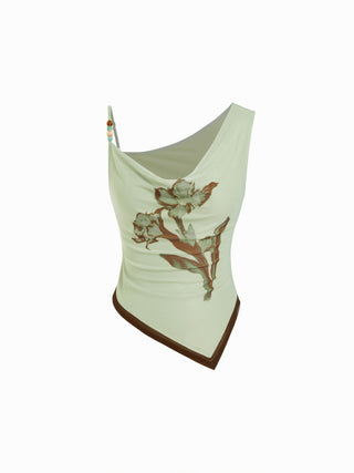 Floral Graphic Asymmetrical Neck Beaded Top