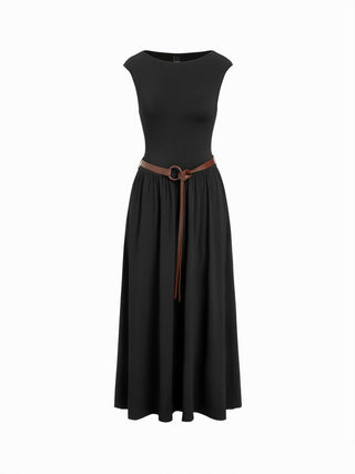 High Stretch Boat Neck Pocket A-line Maxi Dress With Belt