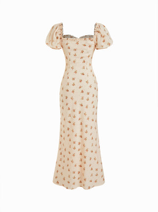 Satin Satin Floral Sweetheart Puff Sleeve Ruched Lettuce Trim Mermaid Maxi Dress For Date
