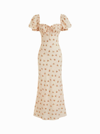 Satin Satin Floral Sweetheart Puff Sleeve Ruched Lettuce Trim Mermaid Maxi Dress For Date