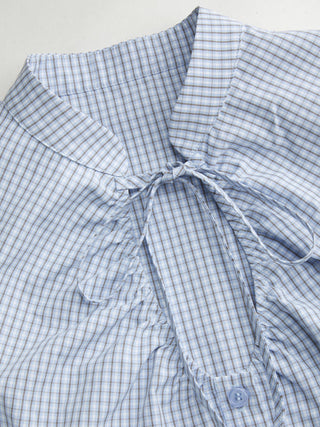 Cotton-blend Gingham Stand Collar Puff Sleeve Bowknot Cut Out Blouse