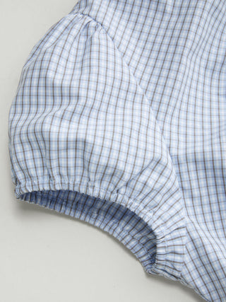 Cotton-blend Gingham Stand Collar Puff Sleeve Bowknot Cut Out Blouse