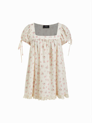 Square Neck Solid Ruffle Knotted Short Sleeve Blouse