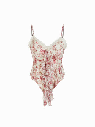Floral Lace Trim Tie Front Cami Top & Mid Rise Bodycon Maxi Skirt Set
