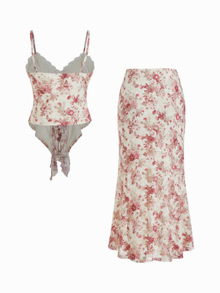 Floral Lace Trim Tie Front Cami Top & Mid Rise Bodycon Maxi Skirt Set