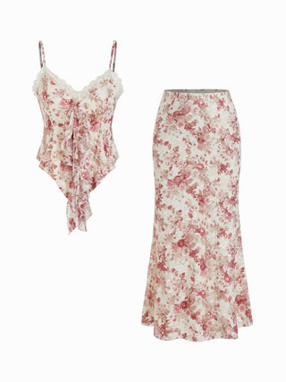 Floral Lace Trim Tie Front Cami Top & Mid Rise Bodycon Maxi Skirt Set
