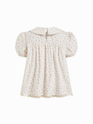 Cotton-blend Floral Peter Pan Collar Puff Sleeve Lace Insert Babydoll Blouse