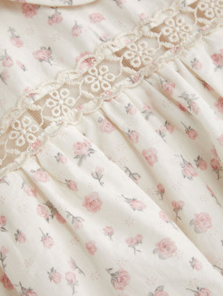 Cotton-blend Floral Peter Pan Collar Puff Sleeve Lace Insert Babydoll Blouse
