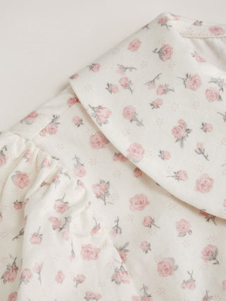 Cotton-blend Floral Peter Pan Collar Puff Sleeve Lace Insert Babydoll Blouse