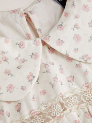 Cotton-blend Floral Peter Pan Collar Puff Sleeve Lace Insert Babydoll Blouse
