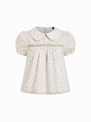 Cotton-blend Floral Peter Pan Collar Puff Sleeve Lace Insert Babydoll Blouse