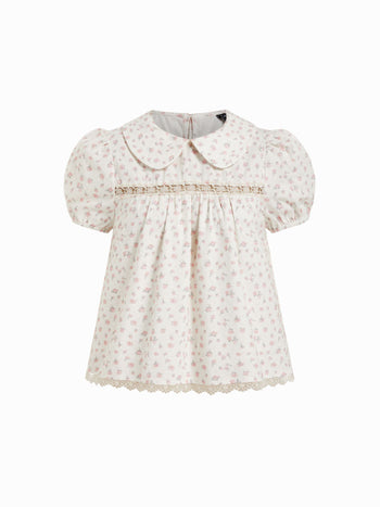Cotton-blend Floral Peter Pan Collar Puff Sleeve Lace Insert Babydoll Blouse