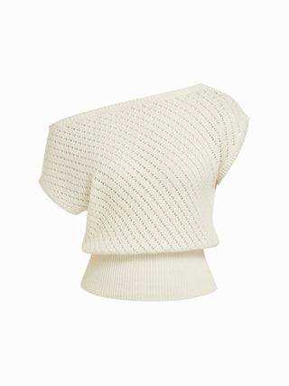 Knit Cotton-blend Pointelle Asymmetrical Neck Oversized Top