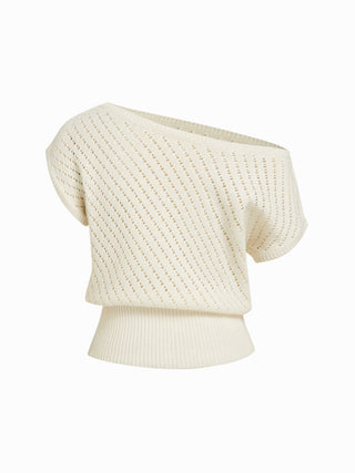 Knit Cotton-blend Pointelle Asymmetrical Neck Oversized Top