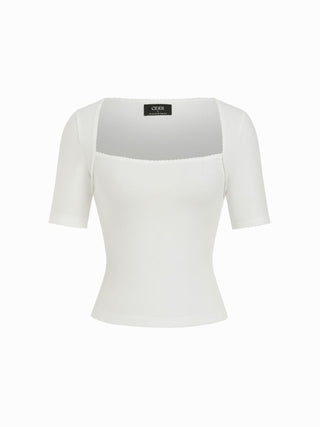 Knit Fabric Cotton-blend Square Neck Scallop Trim Short Sleeve Tee For School Daily Casual