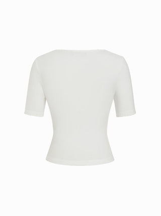 Knit Fabric Cotton-blend Square Neck Scallop Trim Short Sleeve Tee For School Daily Casual
