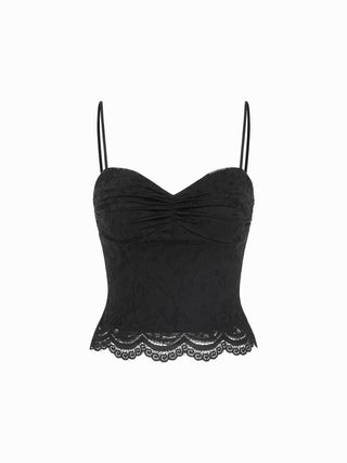 Lace V-neck Scallop Trim Ruched Cami Top