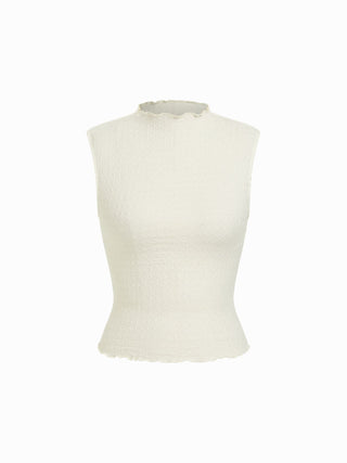 Textured High Neck Lettuce Trim Ruffled Crop Top
