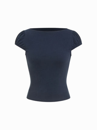 Knit Fabric Cotton-blend Boat Neck Puff Sleeve Crop Tee For School Daily Casual