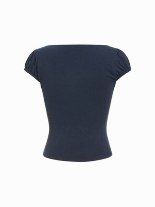Knit Fabric Cotton-blend Boat Neck Puff Sleeve Crop Tee For School Daily Casual