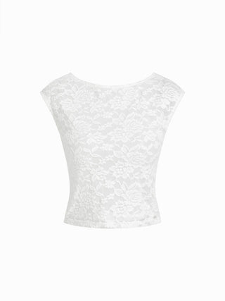Textured Floral Boat Neck Sleeveless Lace Crop Top