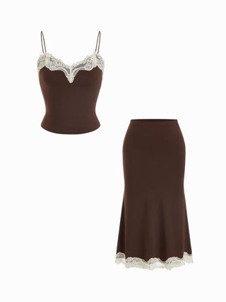 Knit Fabric Lace Trim V-neck Cami Top & Low Rise Midi Skirt Set For Daily Casual Date