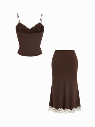 Knit Fabric Lace Trim V-neck Cami Top & Low Rise Midi Skirt Set For Daily Casual Date