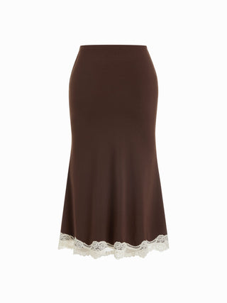Knit Fabric Lace Trim V-neck Cami Top & Low Rise Midi Skirt Set For Daily Casual Date