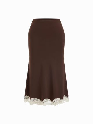 Knit Fabric Lace Trim V-neck Cami Top & Low Rise Midi Skirt Set For Daily Casual Date
