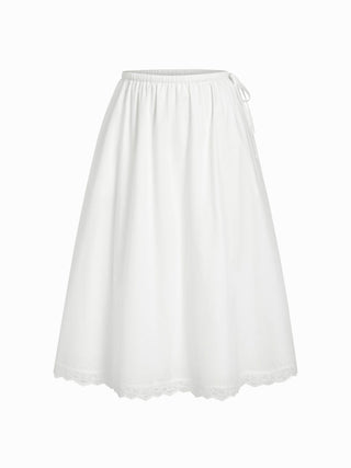 Chiffon Cotton-blend Mid Rise Lace Trim A-line Maxi Skirt For Daily Casual Vacation