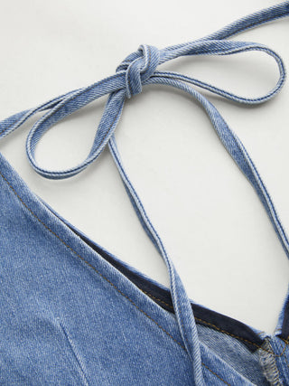 Denim V-neck Tie Back A-line Oversized Mini Dress