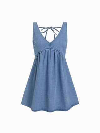 Denim V-neck Tie Back A-line Oversized Mini Dress
