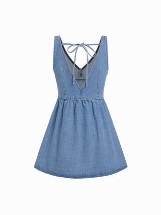 Denim V-neck Tie Back A-line Oversized Mini Dress